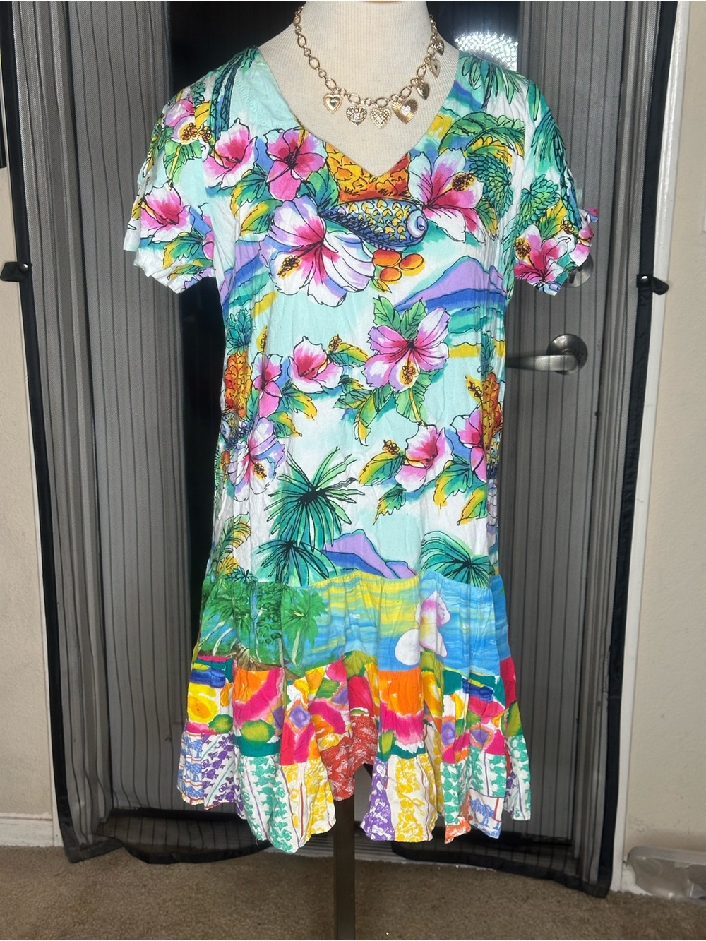 JAMS WORLD Tropical FLORAL Short Sleeved Tiered DRESS LARGE